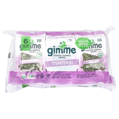 Roasted Seaweed Snacks, Teriyaki, 6 Packs, 0.17 oz (5 g) Each