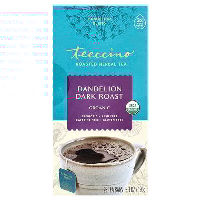Organic Roasted Herbal Tea, Dandelion Dark Roast, Caffeine Free, 25 Tea Bags, 5.3 oz (150 g)