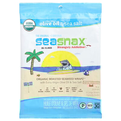Organic Roasted Seaweed Wrapz™, Extra Virgin Olive Oil & Sea Salt, 5 Large Sheets, 0.54 oz (15 g)