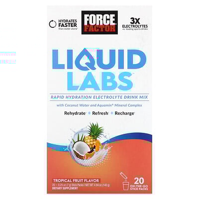 Liquid Labs™, Rapid Hydration Electrolyte Drink Mix, Tropical Fruit, 20 Stick Packs, 0.25 oz (7 g) Each