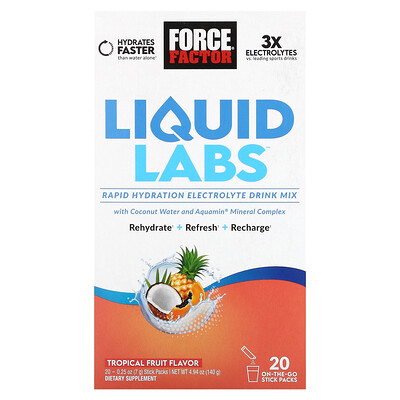 Liquid Labs™, Rapid Hydration Electrolyte Drink Mix, Tropical Fruit, 20 Stick Packs, 0.25 oz (7 g) Each