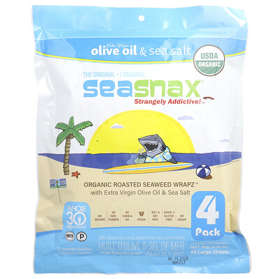 Organic Roasted Seaweed Wrapz™, Olive Oil & Sea Salt, 20 Large Sheets, 2.16 oz (60 g)