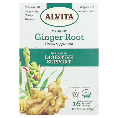 Organic Botanical Tea, Ginger Root, Caffeine Free, 16 Individually Wrapped Tea Bags, 1.13 oz (32 g)