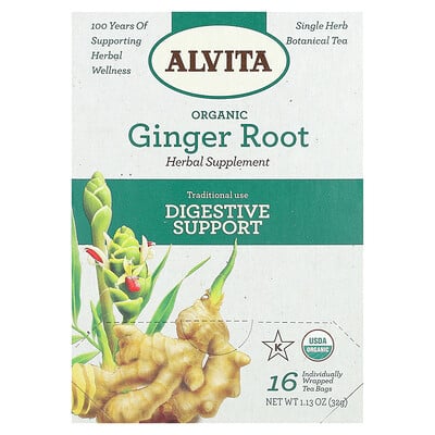 Organic Botanical Tea, Ginger Root, Caffeine Free, 16 Individually Wrapped Tea Bags, 1.13 oz (32 g)