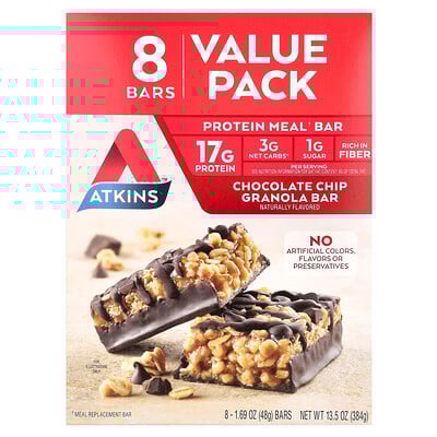 Protein Meal Bar, Chocolate Chip Granola, 8 Bars, 1.69 oz (48 g) Each