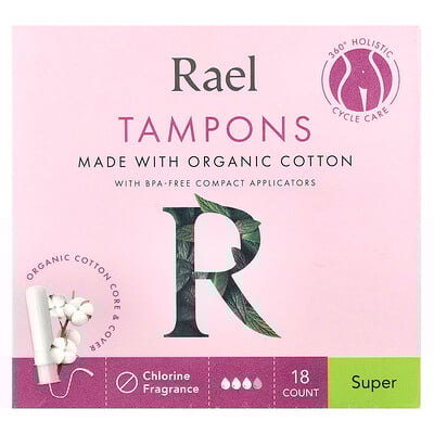 Organic Cotton Tampons, Super, Fragrance Free, 18 Count