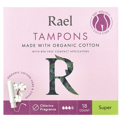 Organic Cotton Tampons, Super, Fragrance Free, 18 Count
