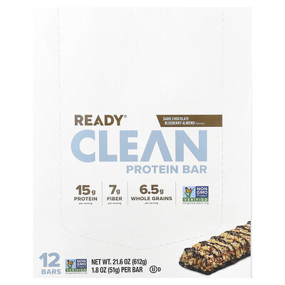 Clean Protein Bar, Dark Chocolate Blueberry Almond, 12 Bars, 1.8 oz (51 g) Each