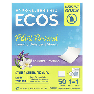 ECOS®, Plant Powered Laundry Detergent Sheets, Lavender Vanilla, 50 Sheets
