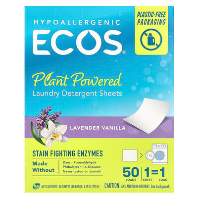 ECOS®, Plant Powered Laundry Detergent Sheets, Lavender Vanilla, 50 Sheets