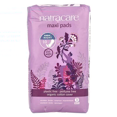 Maxi Pads, Organic Cotton Cover, Night, 10 Pads