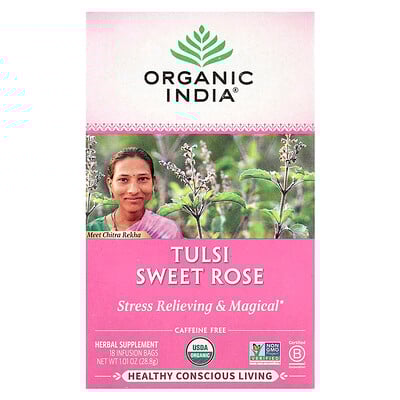 Tulsi Tea, Sweet Rose, Caffeine Free, 18 Infusion Bags, 1.01 oz (28.8 g)