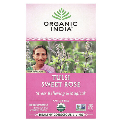 Tulsi Tea, Sweet Rose, Caffeine Free, 18 Infusion Bags, 1.01 oz (28.8 g)