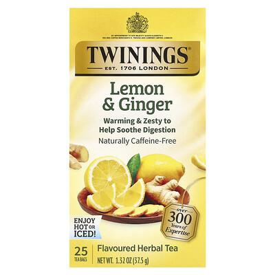 Flavored Herbal Tea, Lemon & Ginger, Caffeine Free, 25 Tea Bags, 1.32 oz (37.5 g)