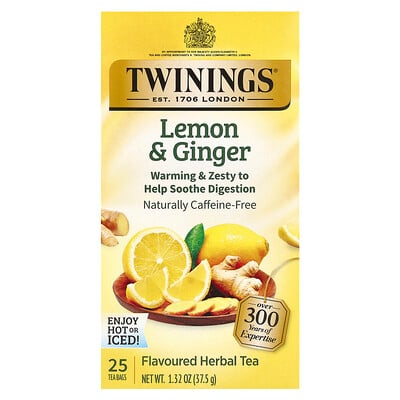 Flavored Herbal Tea, Lemon & Ginger, Caffeine Free, 25 Tea Bags, 1.32 oz (37.5 g)