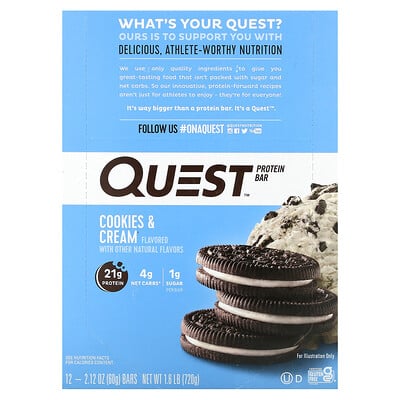 Protein Bar, Cookies & Cream, 12 Bars, 2.12 oz (60 g) Each