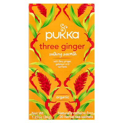 Organic Herbal Tea, Three Ginger, Caffeine Free, 20 Sachets, 1.27 oz (36 g)
