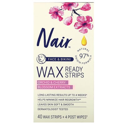 Wax Ready Strips, Face & Bikini, Orchid & Cherry Blossom Extracts, 40 Wax Strips + 4 Post Wipes