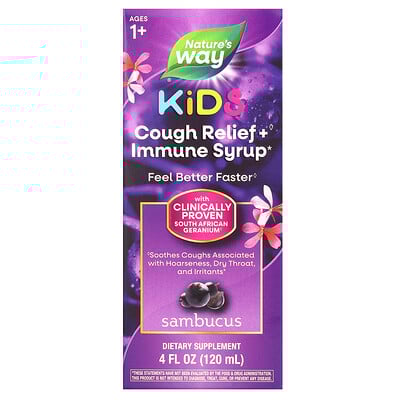 Kids, Cough Relief + Immune Syrup, Ages 1+, Sambucus, 4 fl oz (120 ml)