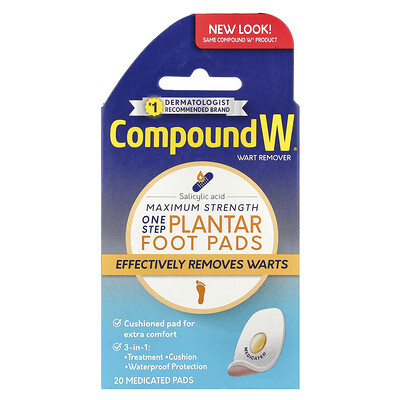 Wart Remover, One Step Plantar Foot Pads, Maximum Strength, 20 Medicated Pads