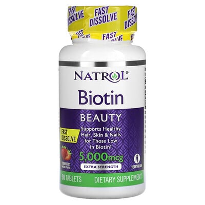 Natrol, Biotin, Fast Dissolve, Extra Strength, Strawberry, 5,000 mcg, 90 Tablets