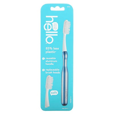 Hello, Aluminum Toothbrush with Replaceable Brush Heads, Soft, Blue, 1 Toothbrush and 1 Replaceable Brush Head
