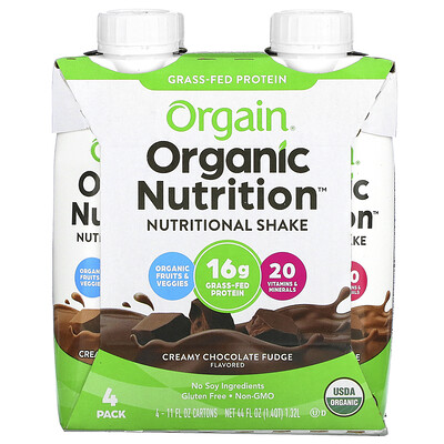 Organic Nutrition, Nutritional Shake, Creamy Chocolate Fudge, 4 Pack, 11 fl oz Each