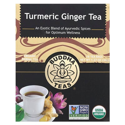Organic Herbal Tea, Turmeric Ginger, Caffeine Free, 18 Tea Bags, 1.27 oz (36 g)