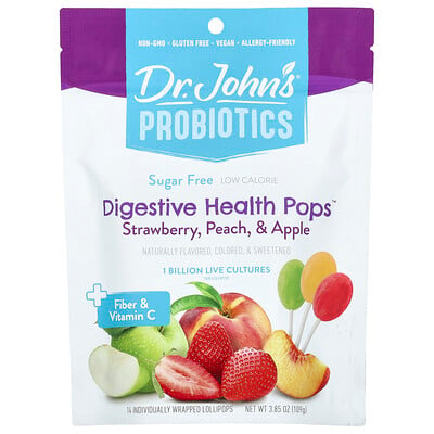 Probiotics, Digestive Health Pops™, + Fiber & Vitamin C, Strawberry, Peach & Apple, Sugar Free, 1 Billion, 14 Individually Wrapped Lollipops, 3.85 Oz (109 G)