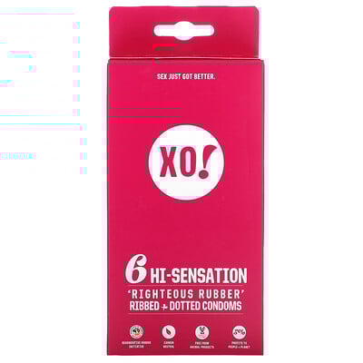 Xo! Righteous Rubber Ribbed + Dotted Condoms, Unscented, 6 Condoms