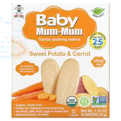 Baby Mum-mum, Gentle Teething Wafers, Sweet Potato & Carrot, 12 Packs, 2 Wafers Each