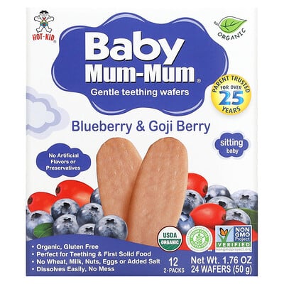 Baby Mum-mum, Gentle Teething Wafers, Blueberry & Goji Berry, 12 Packs, 2 Wafers Each