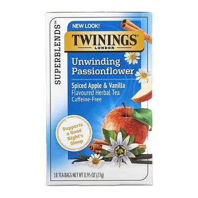 Unwinding Passionflower Herbal Tea, Spiced Apple & Vanilla, Caffeine Free, 18 Tea Bags, 0.95 Oz (27 G)
