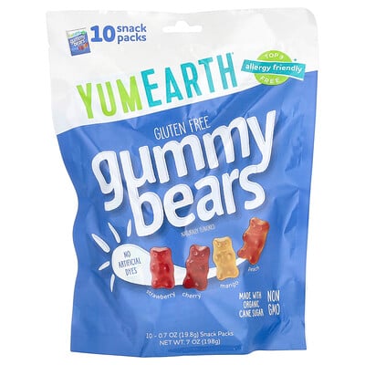 Gluten Free Gummy Bears, Strawberry, Cherry, Mango, Peach, 10 Snack Packs, 0.7 Oz (198 G) Each