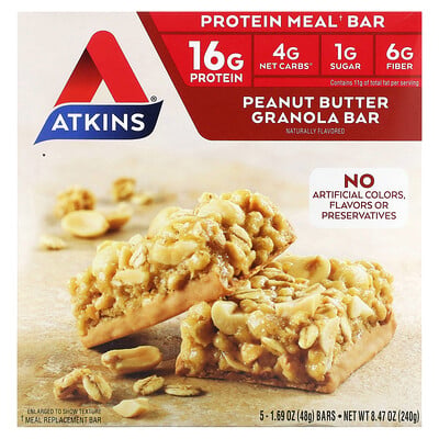 Protein Meal Bar, Peanut Butter Granola, 5 Bars, 1.69 Oz (48 G)