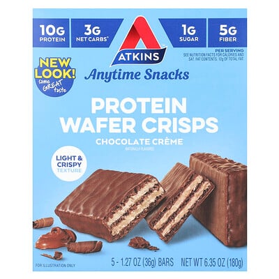Anytime Snacks, Protein Wafer Crisps, Chocolate Creme, 5 Bars, 1.27 Oz (36 G)