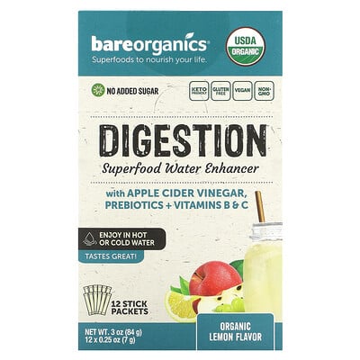 Digestion Superfood Water Enhancer, Organic Lemon , 12 Stick Packets, 0.25 Oz (7 G)