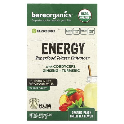 Energy, Superfood Water Enhancer, Organic Peach Green Tea, 12 Stick Packets, 0.21 Oz (6 G)