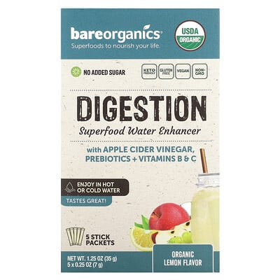 Digestion, Superfood Water Enhancer, Organic Lemon, 5 Stick Packets, 0.25 Oz (7 G)