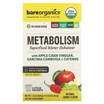 Metabolism, Superfood Water Enhancer, Natural Lemon, 5 Stick Packets, 0.23 Oz (6.5 G)