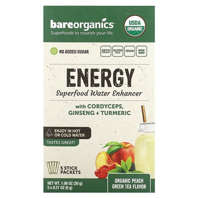 Energy, Superfood Water Enhancer, Organic Peach Green Tea, 5 Stick Packets, 0.21 Oz (6 G)
