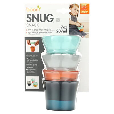 Snug Snack, Universal Silicone Snack Lid With Cup, 9m+, 2 Cups & 2 Lids, 7 Oz (207 Ml)