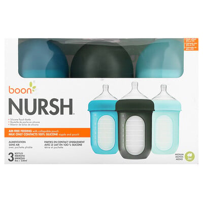 Nursh, Silicone Pouch Bottle, 3m+, Medium, 3 Bottles, 8 Oz (236 Ml)