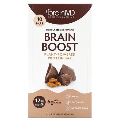 Brain Boost, Plant-powered Protein Bar, Dark Chocolate Almond, 10 Bars, 1.5 Oz (50 G)