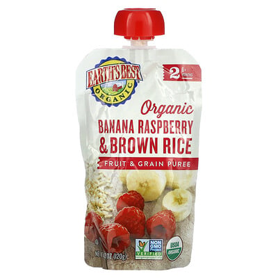 Organic Fruit & Grain Puree, 6+ Months, Banana Raspberry & Brown Rice
