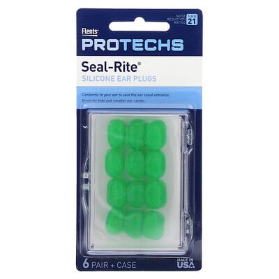 Pro-techs, Seal-rite, Silicone Ear Plugs, Green, 6 Pair & Case