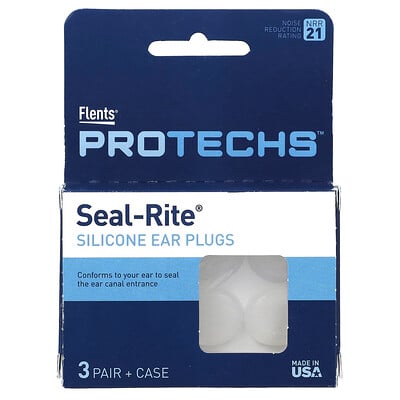 Protechs, Seal-rite Silicone Ear Plugs, 3 Pair + Case