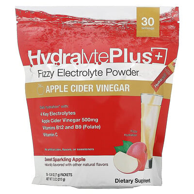 Hydralyte Plus+, Fizzy Electrolyte Powder, Apple Cider Vinegar, 30 Packets, 0.24 Oz (7 G)