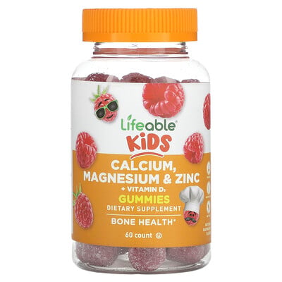Kids Calcium, Magnesium & Zinc + Vitamin D3 Gummies, Natural Raspberry, 60 Gummies