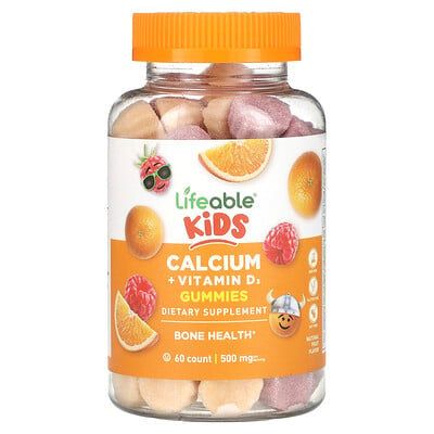Kids Calcium + Vitamin D3 Gummies, Natural Fruit, 500 Mg, 60 Gummies